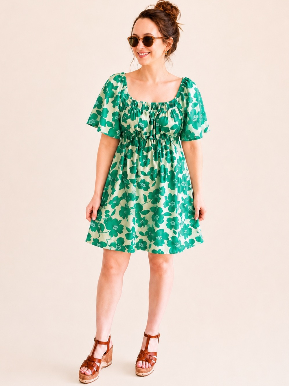 Peach Love California Cream Dress with Green Floral Print